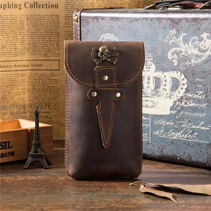 Skull Vertical Crazy Horse Mobile Phone Leather Belt Bag sold by FloralTrip