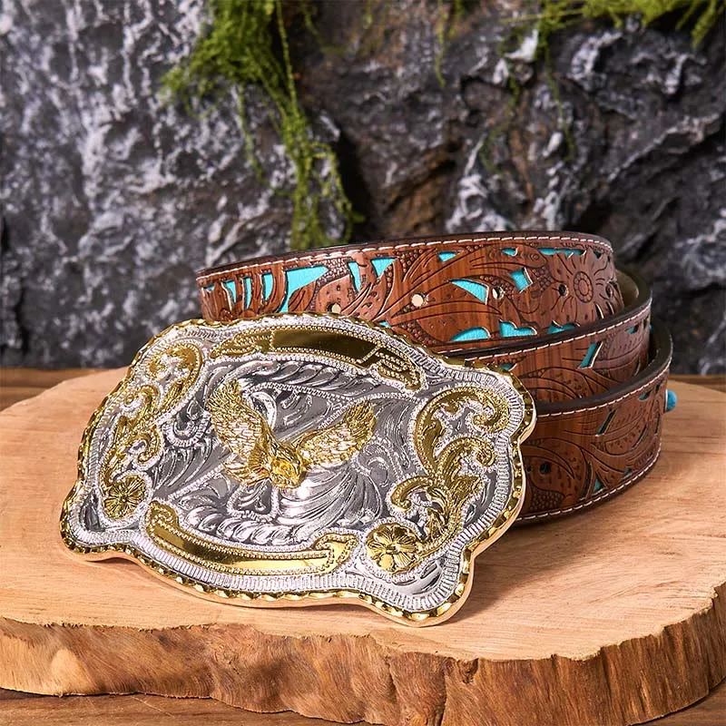 Gold Flying Eagle DIY Western Cowboy Buckle Leather Belt sold by FloralTrip product image thumbnail 4