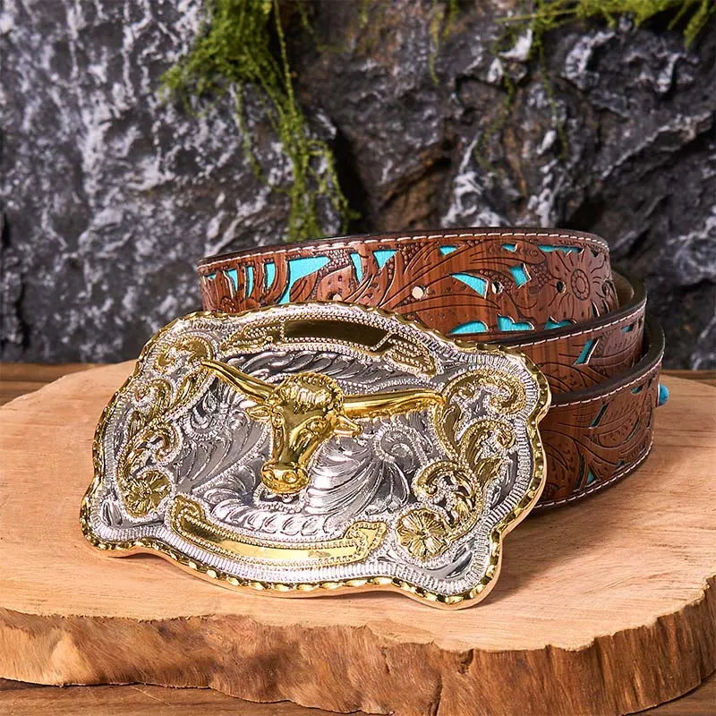 Gold Bull's Head DIY Western Cowboy Buckle Leather Belt sold by FloralTrip product image thumbnail 4