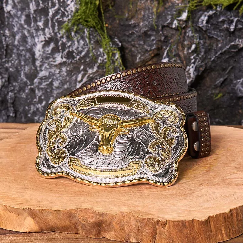 Gold Bull's Head DIY Western Cowboy Buckle Leather Belt sold by FloralTrip product image thumbnail 5