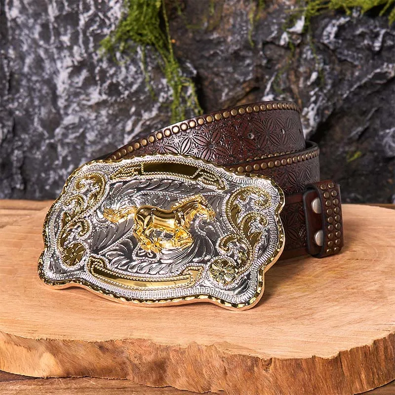 Gold Running Horse DIY Western Cowboy Buckle Leather Belt sold by FloralTrip product image thumbnail 5