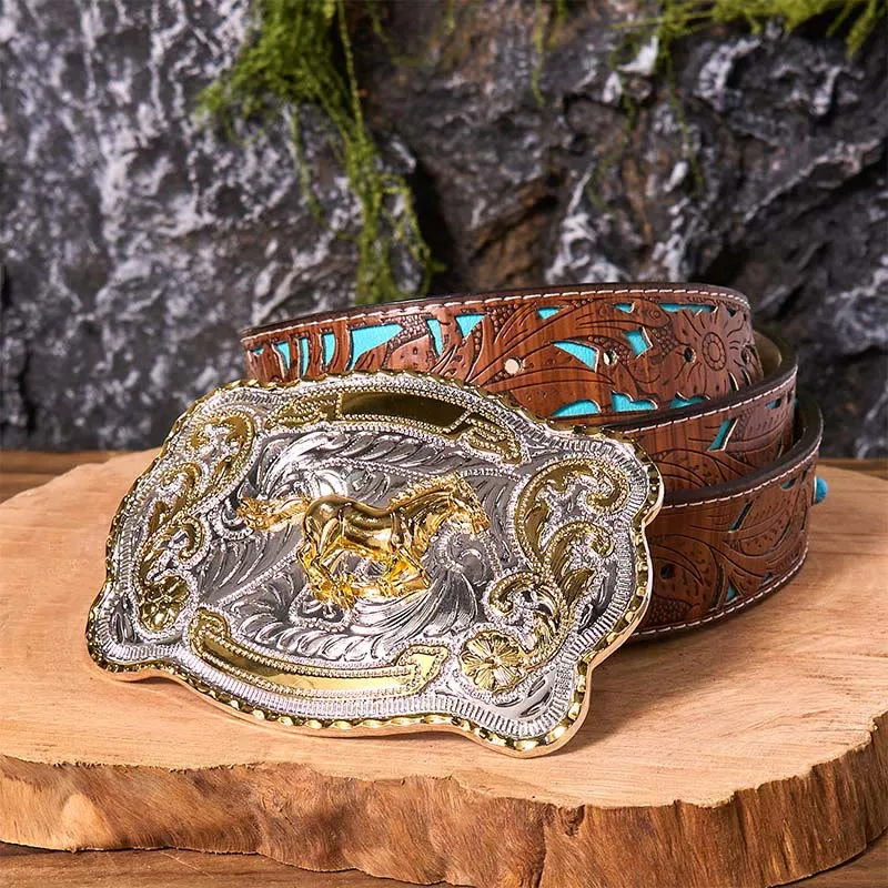 Gold Running Horse DIY Western Cowboy Buckle Leather Belt sold by FloralTrip product image thumbnail 4