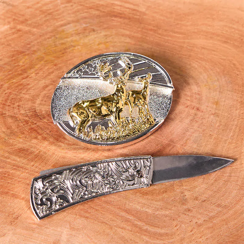 Men's DIY Gold & Silver Deers Hidden Folding Knife Leather Belt sold by FloralTrip product image thumbnail 2