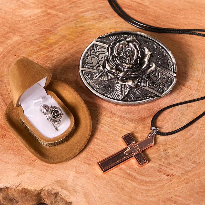 Rose Theme DIY Hidden Knife Belt Buckle Cross Pendant Rose Ring Bundle Set sold by FloralTrip product image thumbnail 2