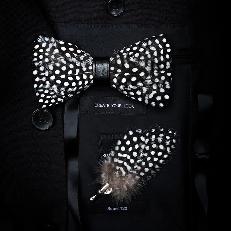 Clearance: Black & White Polka Dot Feather Bow Tie with Lapel Pin sold by FloralTrip