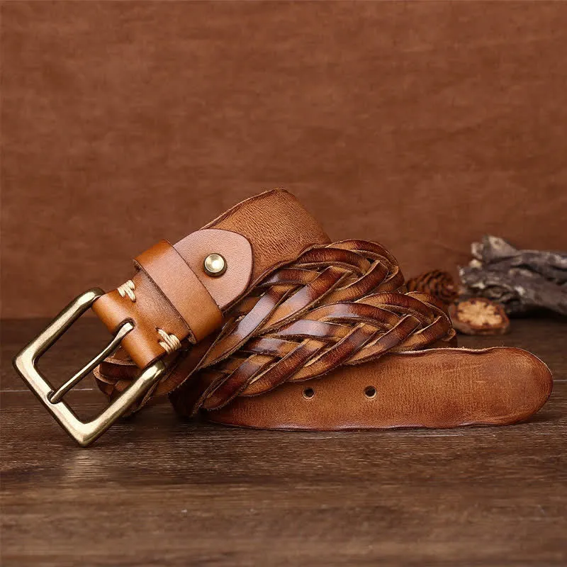 Braided Handwoven Without Hole Leather Belt sold by FloralTrip