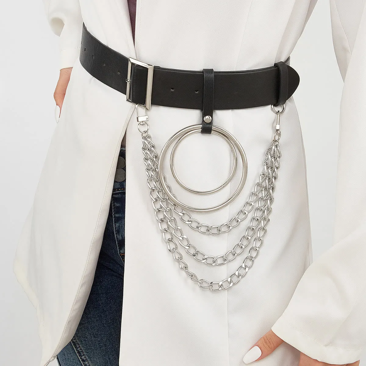 Punk Leather Belt With Round Ring Metal Chain Belt sold by FloralTrip product image thumbnail 2