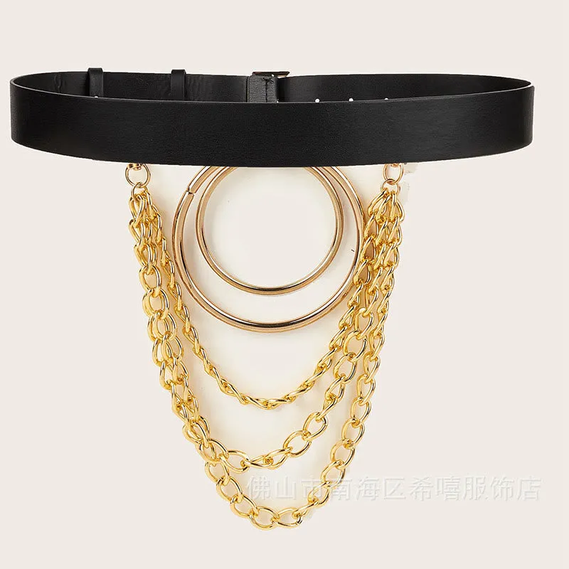 Punk Leather Belt With Round Ring Metal Chain Belt sold by FloralTrip product image thumbnail 3