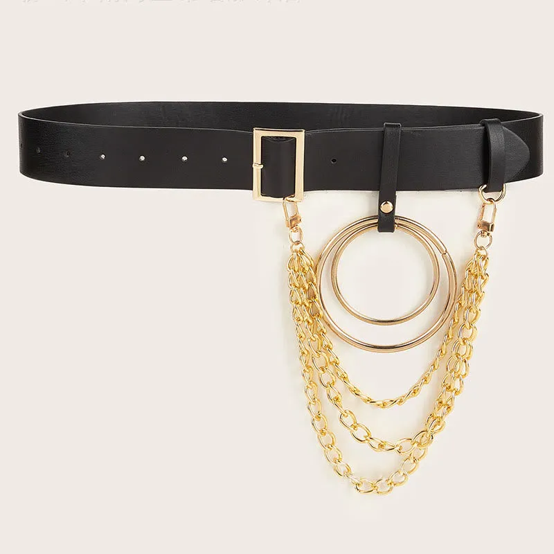 Punk Leather Belt With Round Ring Metal Chain Belt sold by FloralTrip product image thumbnail 4