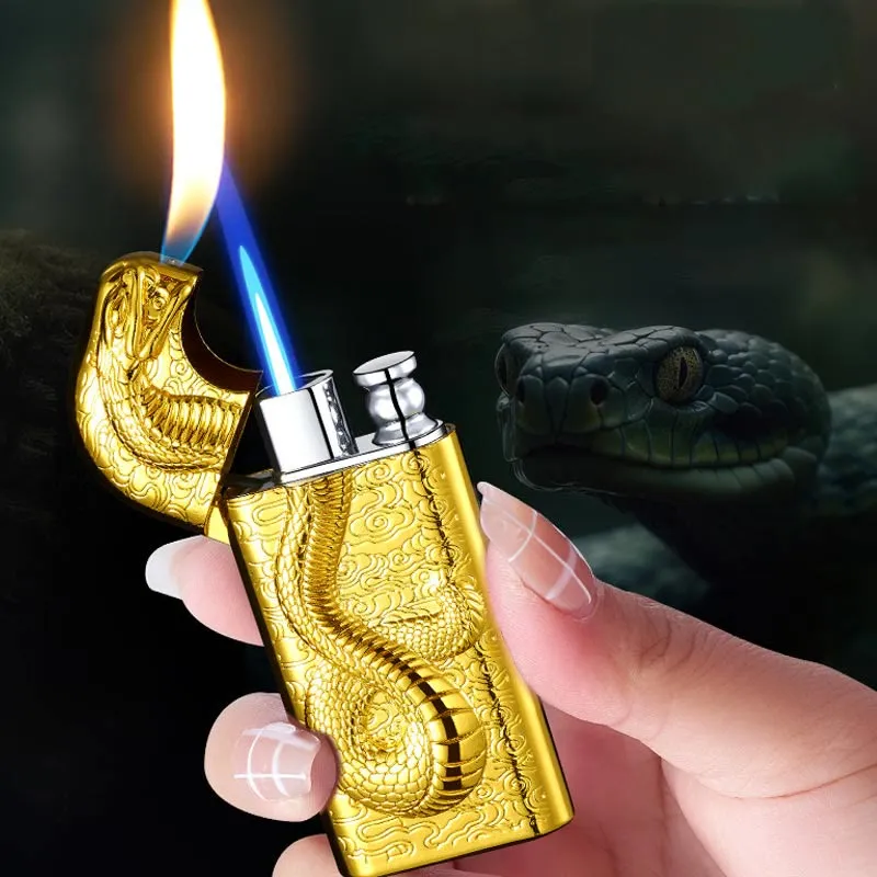 Double Flame Embossed Serpent King Refillable Butane Lighter sold by FloralTrip product image thumbnail 3