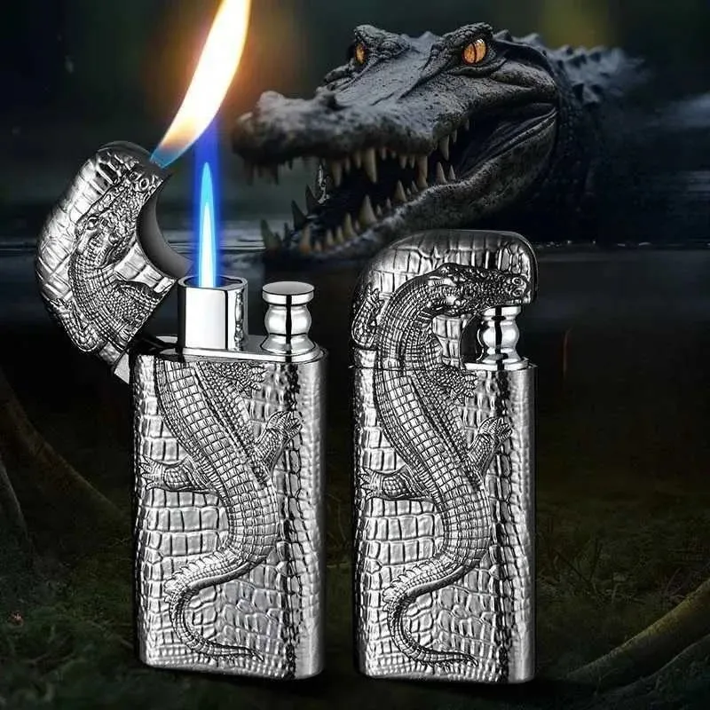Double Flame Embossed Wild Crocodile Refillable Butane Lighter sold by FloralTrip