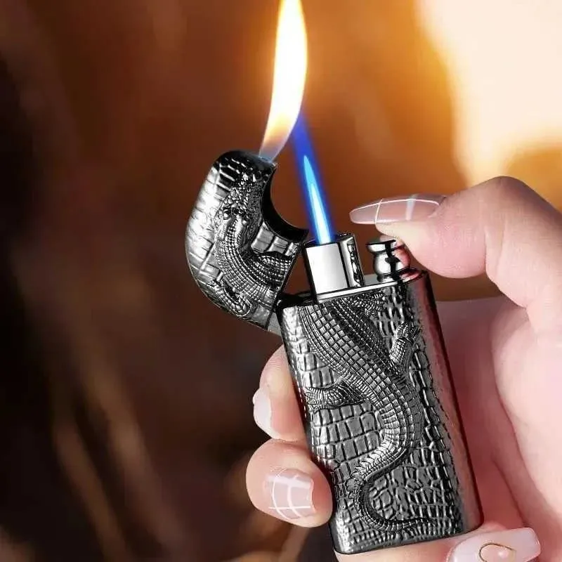 Double Flame Embossed Wild Crocodile Refillable Butane Lighter sold by FloralTrip product image thumbnail 2