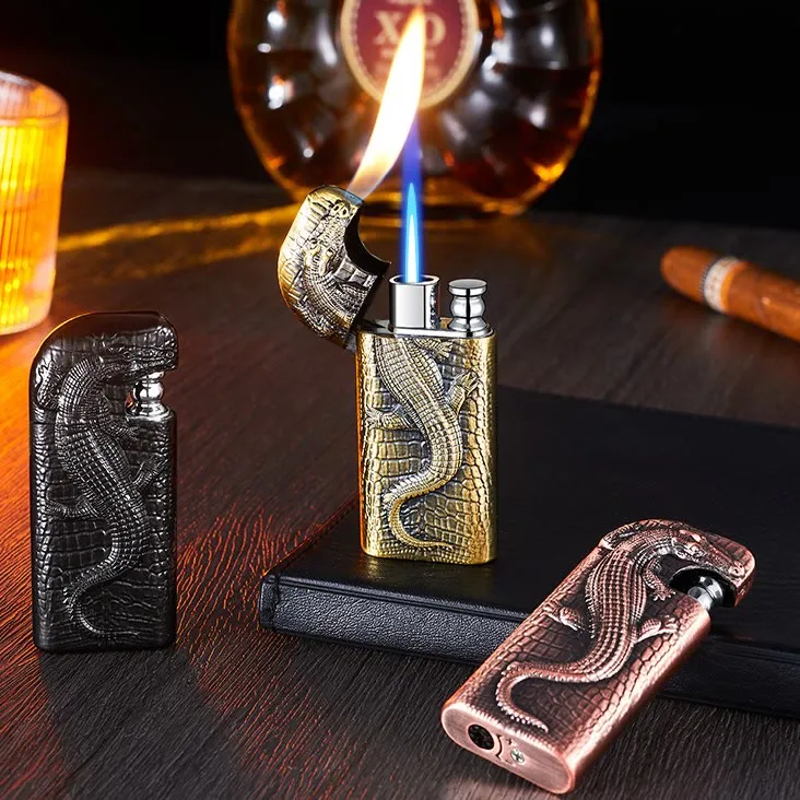 Double Flame Embossed Wild Crocodile Refillable Butane Lighter sold by FloralTrip product image thumbnail 5