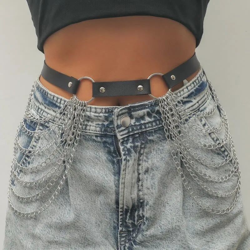 Punk Chain Belt Seven Layers Chain Leather Belt sold by FloralTrip