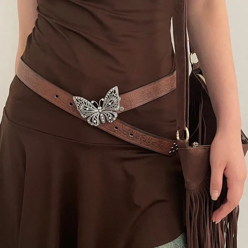 Women's Cowgirl Embossed Floral Butterfly Buckle Leather Belt sold by FloralTrip