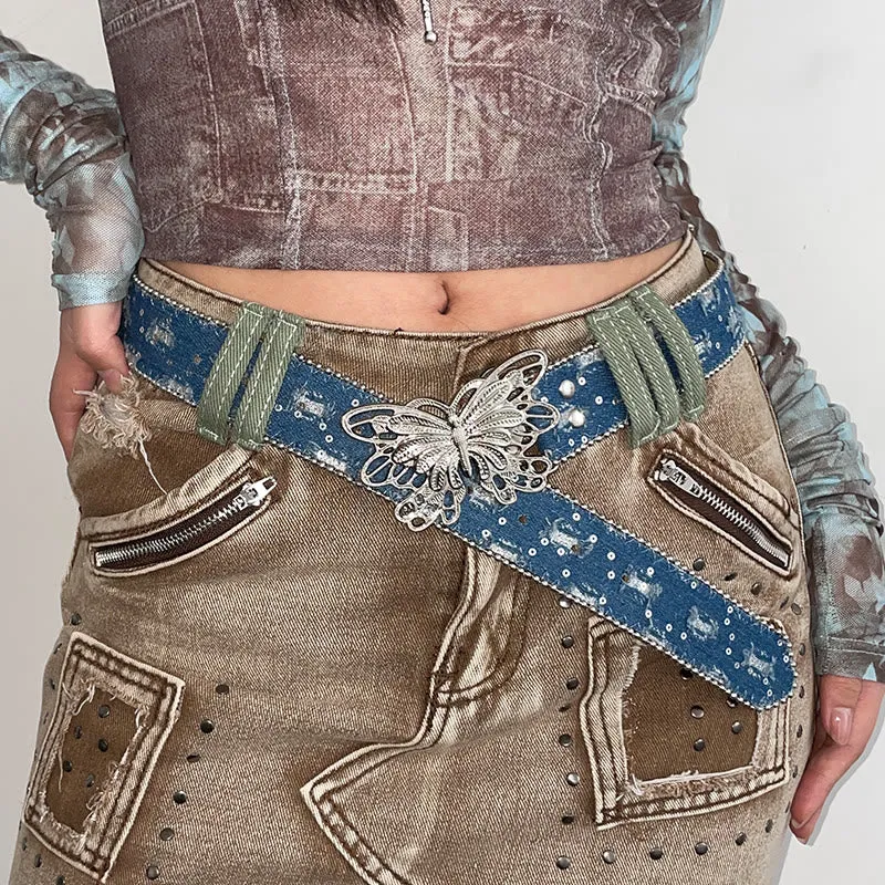 Women's Denim Butterfly Buckle Leather Belt sold by FloralTrip