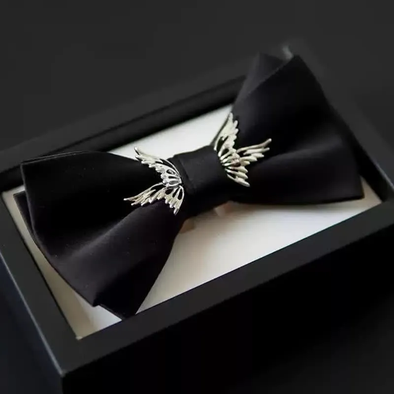 Men's Silver Flying Wings Elegant Black Bow Tie sold by FloralTrip