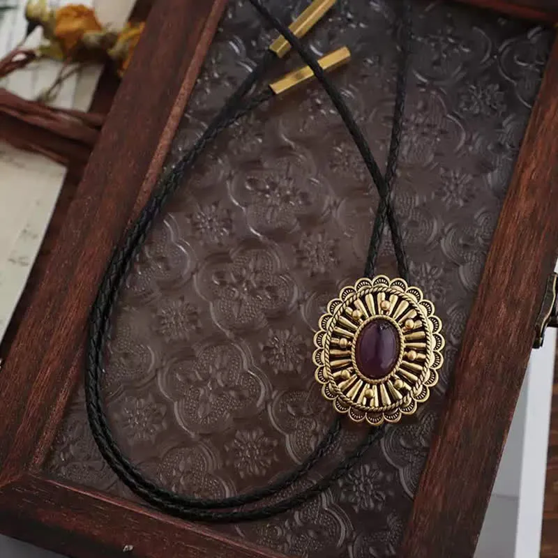 Antique Gold Medallion Dark Red Resin Bolo Tie sold by FloralTrip product image thumbnail 2