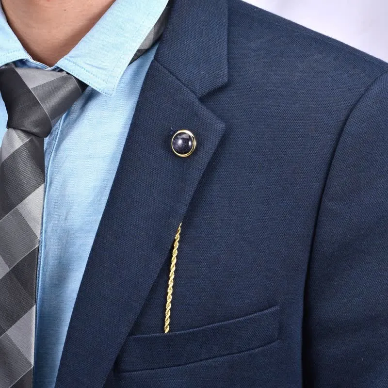 Men's Classic Natural Gemstone Lapel Chain Suit Brooch With Hanging Chain sold by FloralTrip