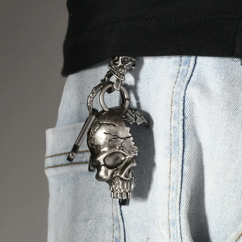 Retro Antique Silver Skull Face Metal Keychain sold by FloralTrip