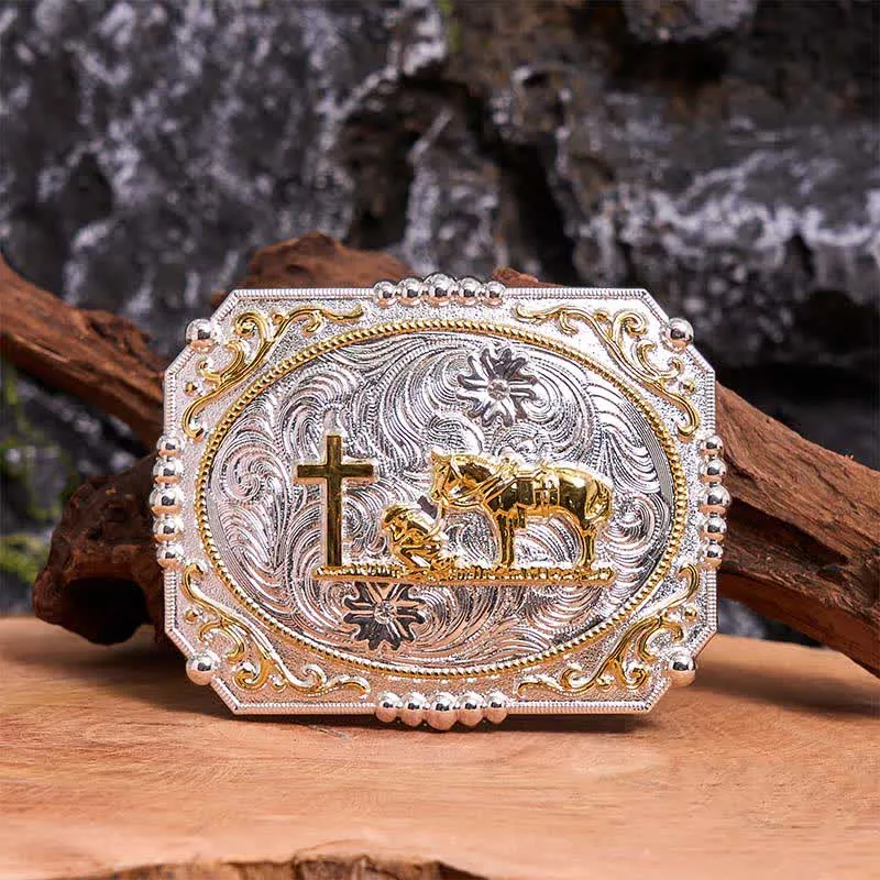 Silver & Gold DIY Cowboy Praying Cross Horse Large Buckle Leather Belt made by FloralTrip