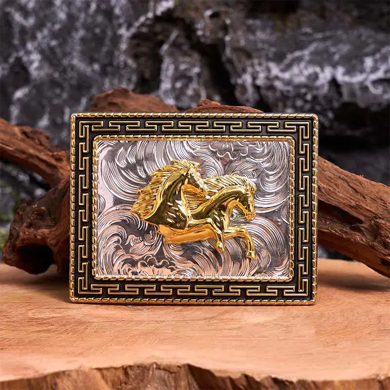 Golden & Black Rectangular Double Horses DIY Large Buckle Leather Belt sold by FloralTrip