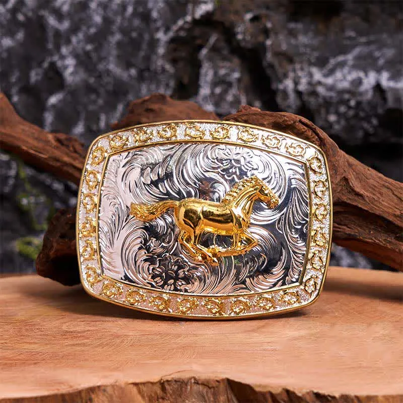 Gold & Silver Running Horse DIY Large Buckle Leather Belt sold by FloralTrip