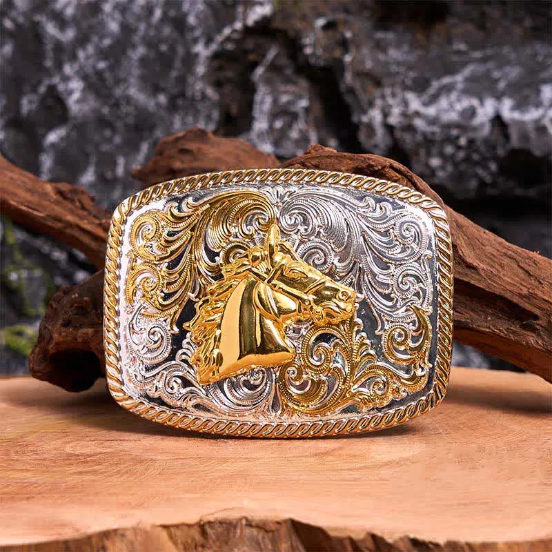 Gold & Silver Horse Head DIY Large Buckle Leather Belt sold by FloralTrip