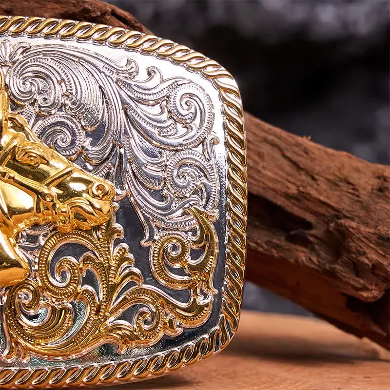 Gold & Silver Horse Head DIY Large Buckle Leather Belt sold by FloralTrip product image thumbnail 4