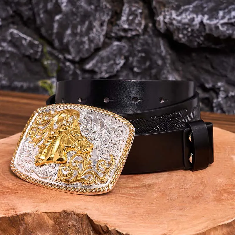 Gold & Silver Horse Head DIY Large Buckle Leather Belt sold by FloralTrip product image thumbnail 5