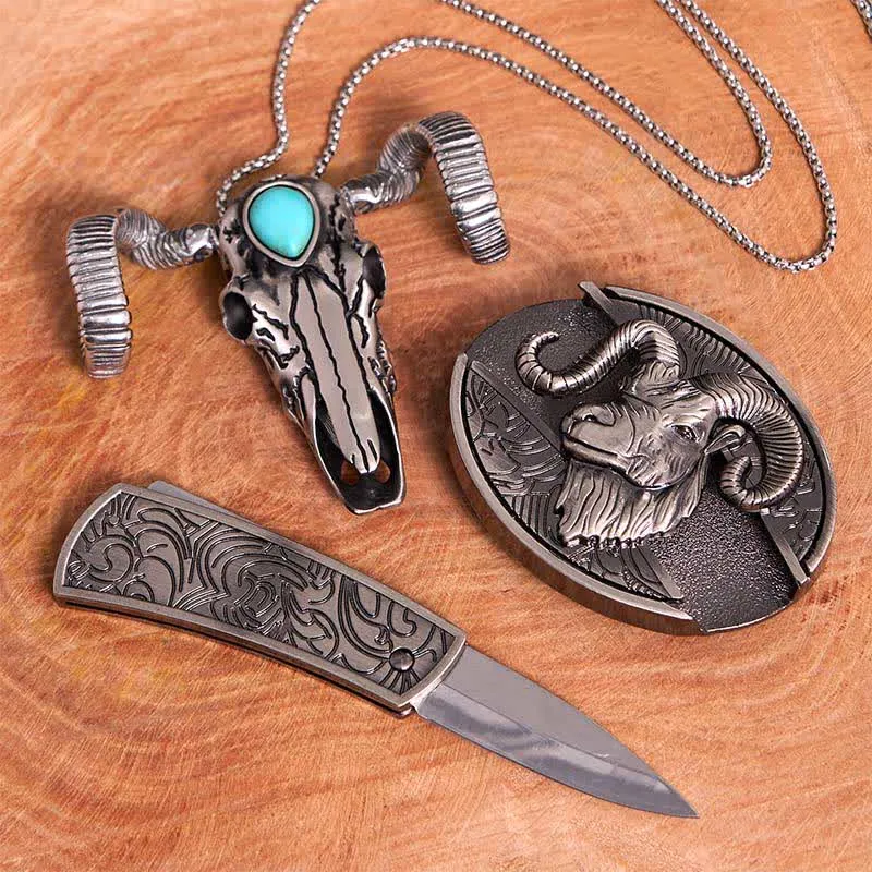 Goat DIY Hidden Knife Belt Buckle Turquoise Skull Sheep Pendant Bundle Set sold by FloralTrip product image thumbnail 3