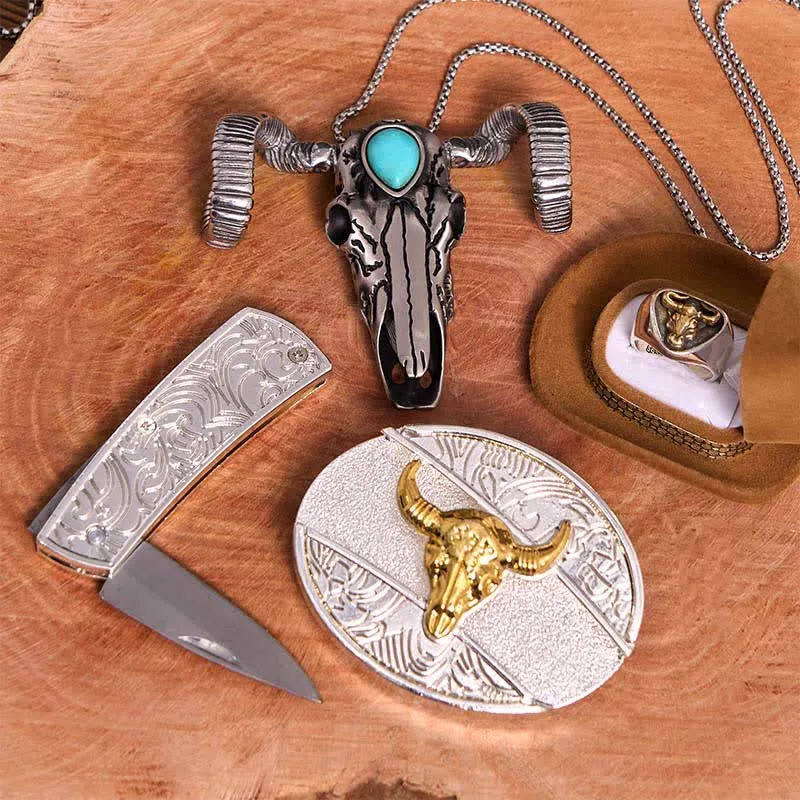 Gold Bull DIY Hidden Knife Belt Buckle Turquoise Skull Sheep Pendant Bundle Set sold by FloralTrip product image thumbnail 3