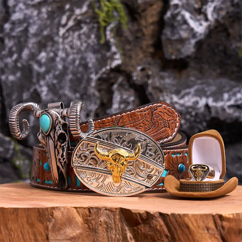 Gold Bull DIY Hidden Knife Belt Buckle Turquoise Skull Sheep Pendant Bundle Set sold by FloralTrip