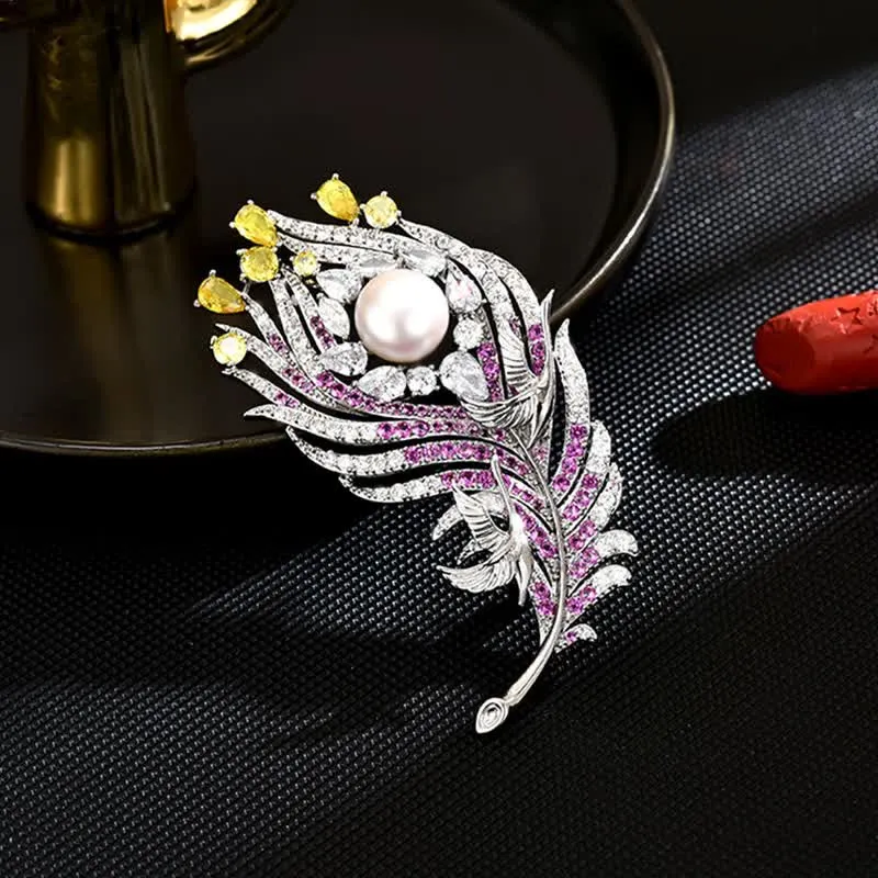 Unisex Pink & Yellow Rhinestone Pearl Feather Shape Brooch sold by FloralTrip