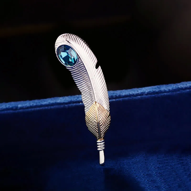 Unisex Faux Blue Crystal Feather Shape Brooch sold by FloralTrip