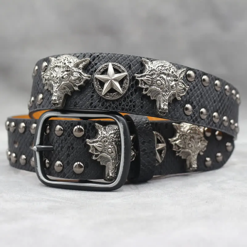 Antique Silver Wolf Head Rivet Black Snakeskin Print Leather Belt sold by FloralTrip