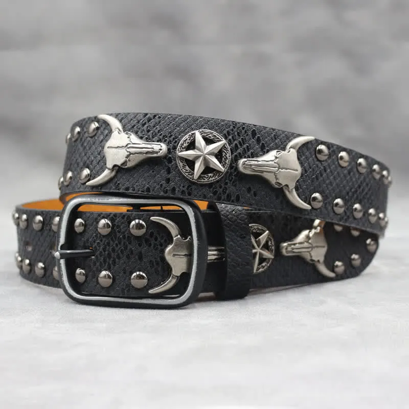 Silver Bull Head Rivet Black Snakeskin Print Leather Belt sold by FloralTrip