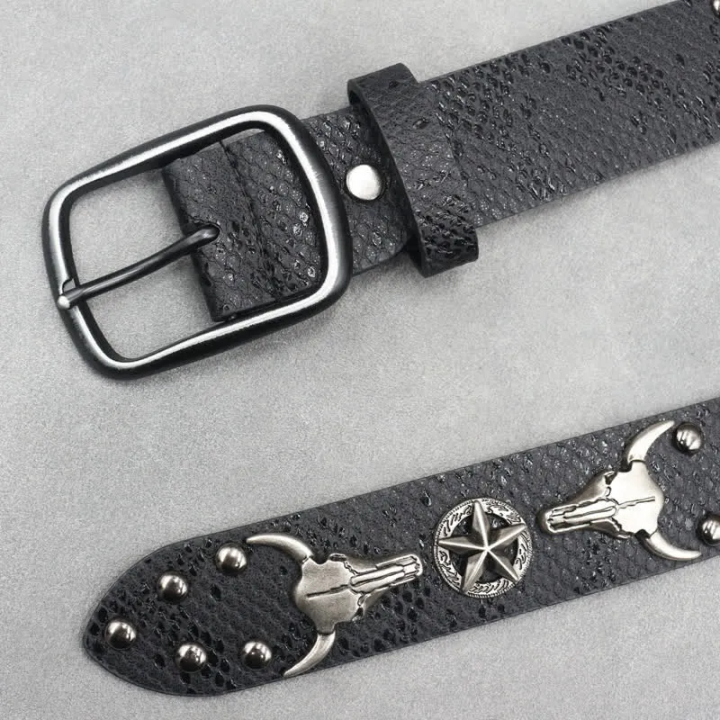 Silver Bull Head Rivet Black Snakeskin Print Leather Belt sold by FloralTrip product image thumbnail 3
