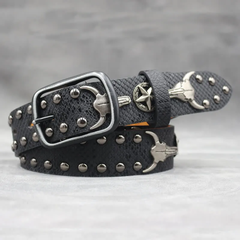 Silver Bull Head Rivet Black Snakeskin Print Leather Belt sold by FloralTrip product image thumbnail 4