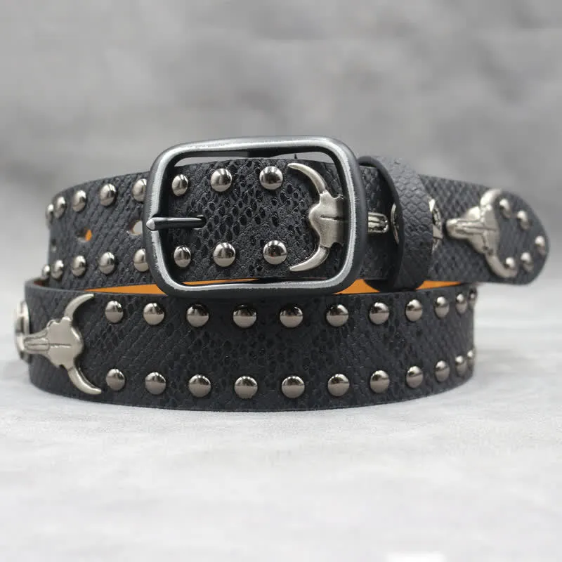 Silver Bull Head Rivet Black Snakeskin Print Leather Belt sold by FloralTrip product image thumbnail 5