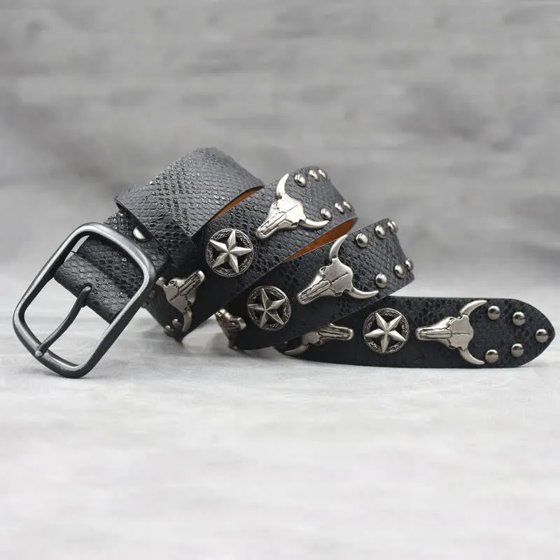 Silver Bull Head Rivet Black Snakeskin Print Leather Belt sold by FloralTrip product image thumbnail 2