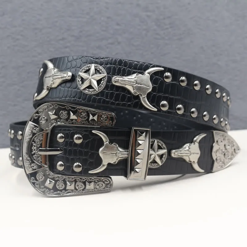 Silver Bull Head Rivet Black Crocodile Print Leather Belt sold by FloralTrip