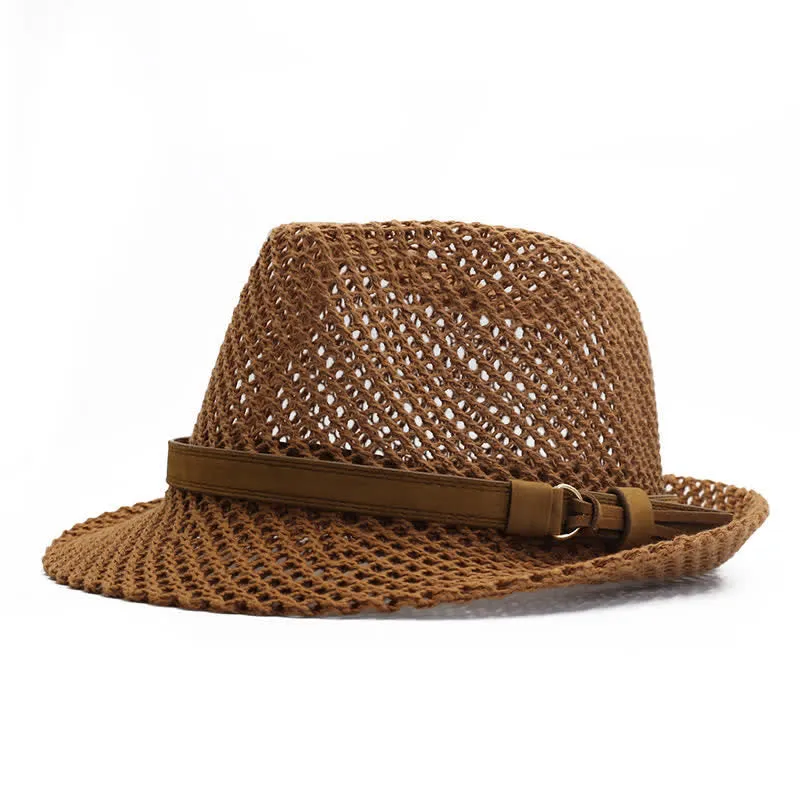 Men's Hand-Woven Casual Band Hollow Out Straw Fedora Hat sold by FloralTrip
