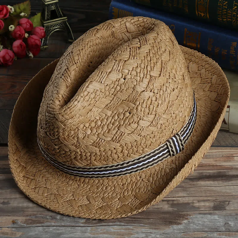 Unisex Boho Beach Handwork Summer Straw Fedora Hat sold by FloralTrip