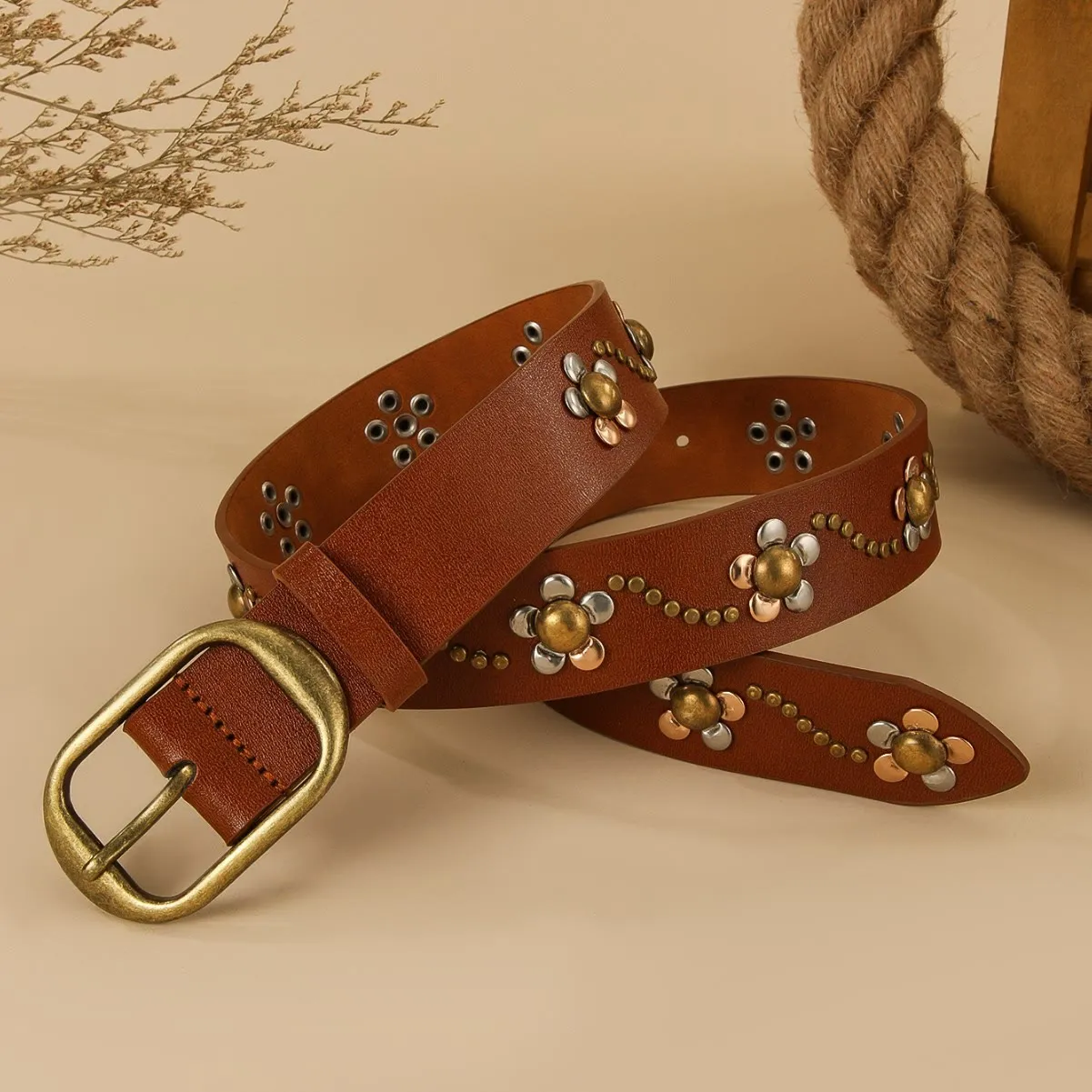 Women's Punk Floral Rivets Leather Belt sold by FloralTrip