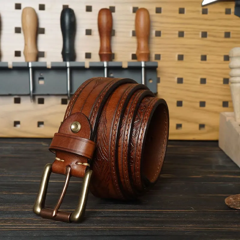 Solid Brass Buckle Western Embossed Flower Leather Belt sold by FloralTrip product image thumbnail 2