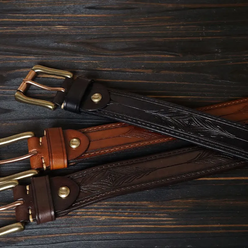 Solid Brass Buckle Western Embossed Flower Leather Belt sold by FloralTrip product image thumbnail 4