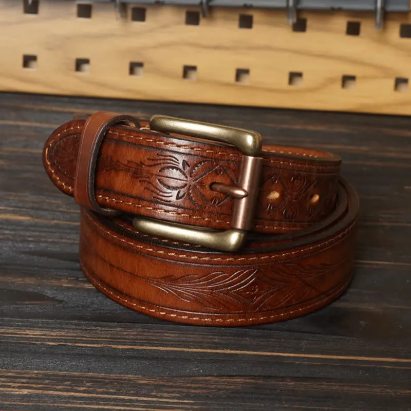 Solid Brass Buckle Western Embossed Flower Leather Belt sold by FloralTrip