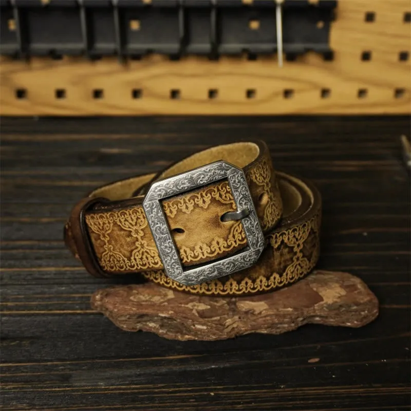 Stainless Steel Buckle Western Embossing Leather Belt sold by FloralTrip