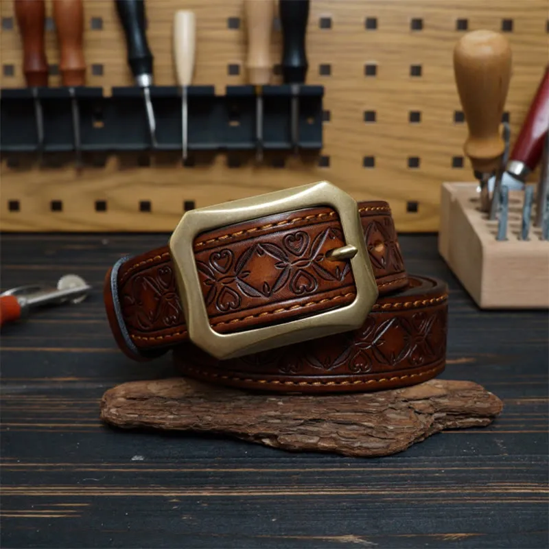 Solid Brass Buckle Western Stitched Leather Belt sold by FloralTrip